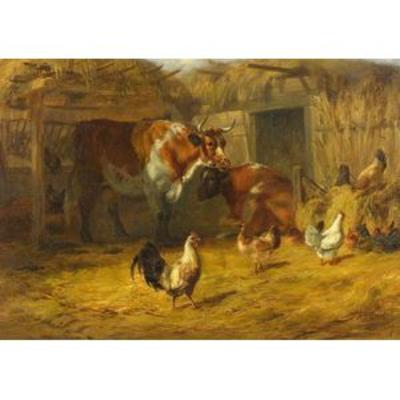 Arthur Fitzwilliam Tait Barn Scene With Chickens And Cattle